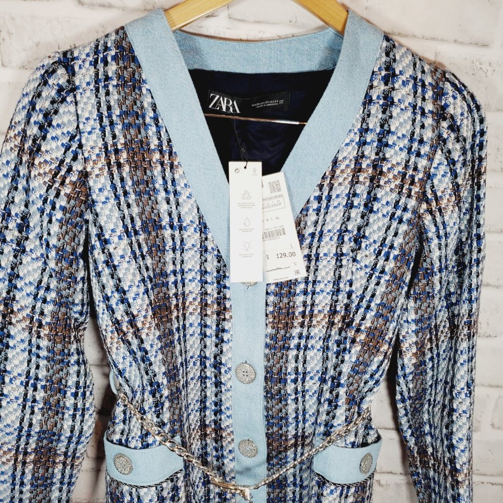 zara textured weave coat silver belt blue long sleeve mini dress size XS 8814 16 - Picture 3 of 7